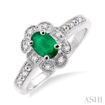 Sterling Silver Oval Shape Emerald & Diamond Ring